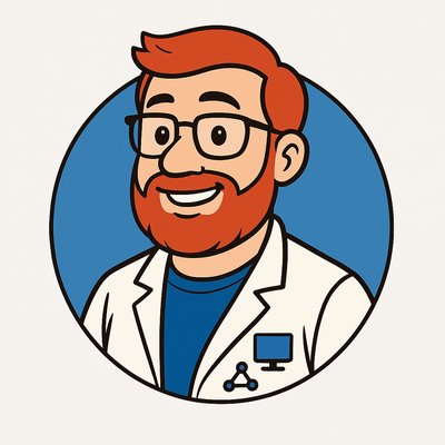 Ilustración de Super Papá Sistemas con gafas, bata de laboratorio y barba pelirroja