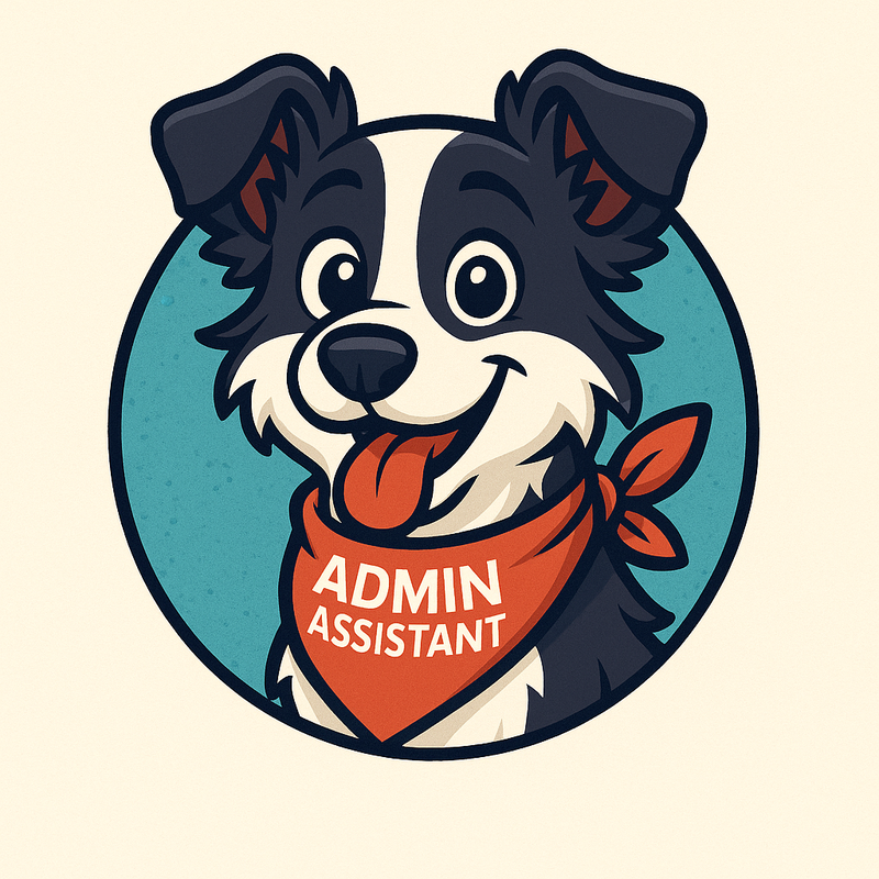Ilustración de Kernel, un border collie jovial con pañuelo de "Admin Assistant" en el pecho