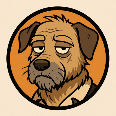 Ilustración de Bit, un perro viejo con cicatriz y mirada cansada, narrador sarcástico