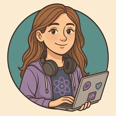 Ilustración de Laura Sistemas con portátil lleno de pegatinas, auriculares y expresión tranquila